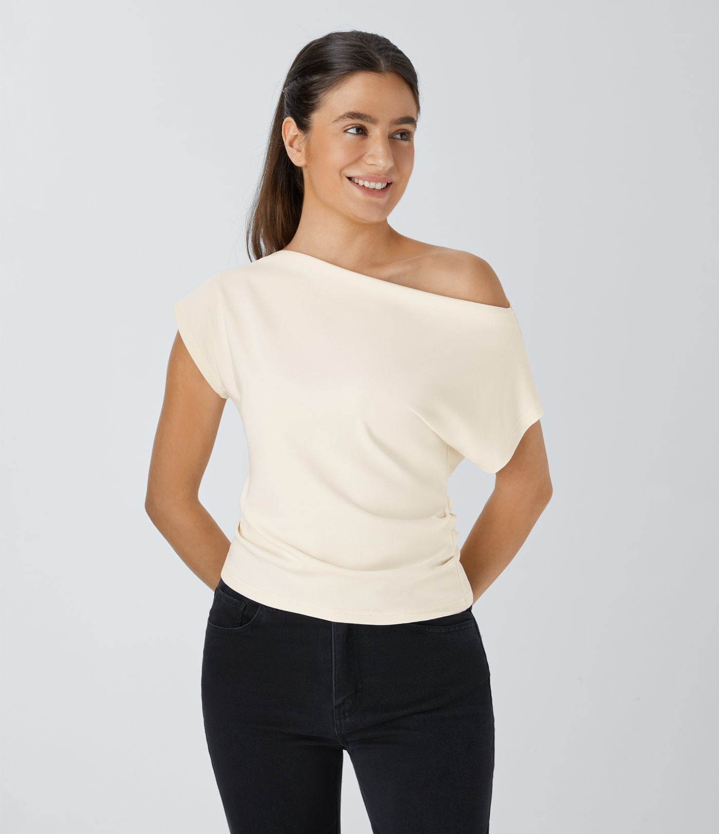 Top Casual Épaules Dénudées Manches Courtes Ruchées