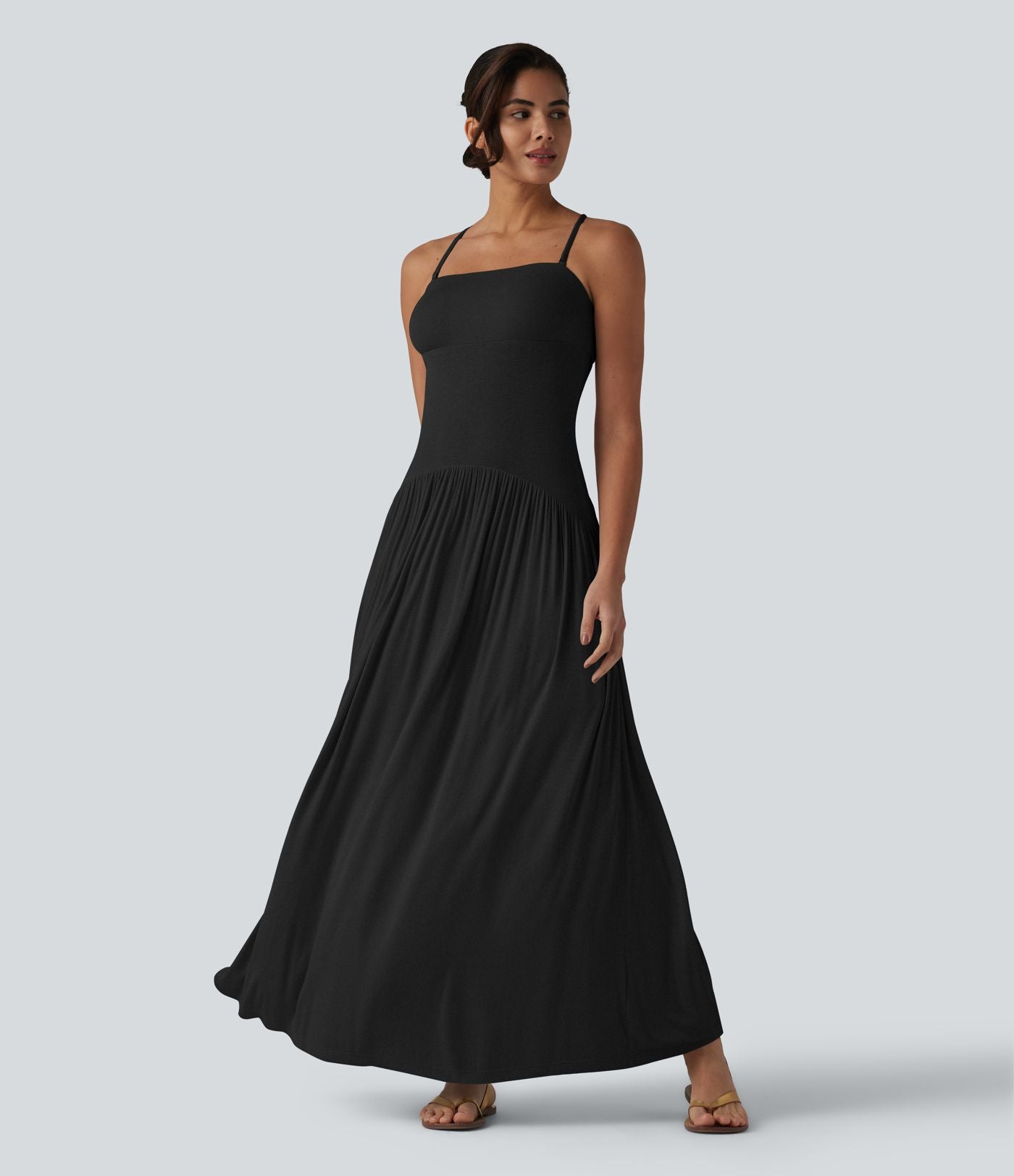 Robe longue fluide côtelée à bretelles fines avec poches