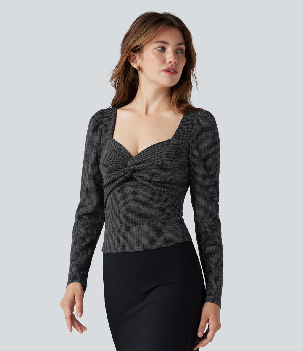 T-shirt tailleur pied-de-poule col Queen Anne manches longues