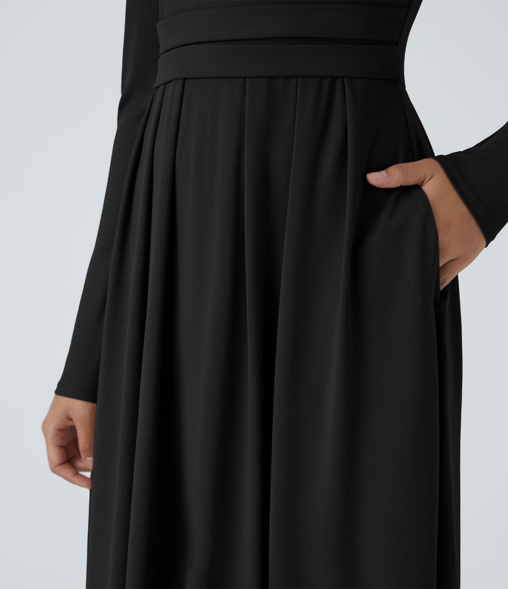 Robe longue décontractée à col montant, manches longues, plissée, avec poches latérales et coupe évasée