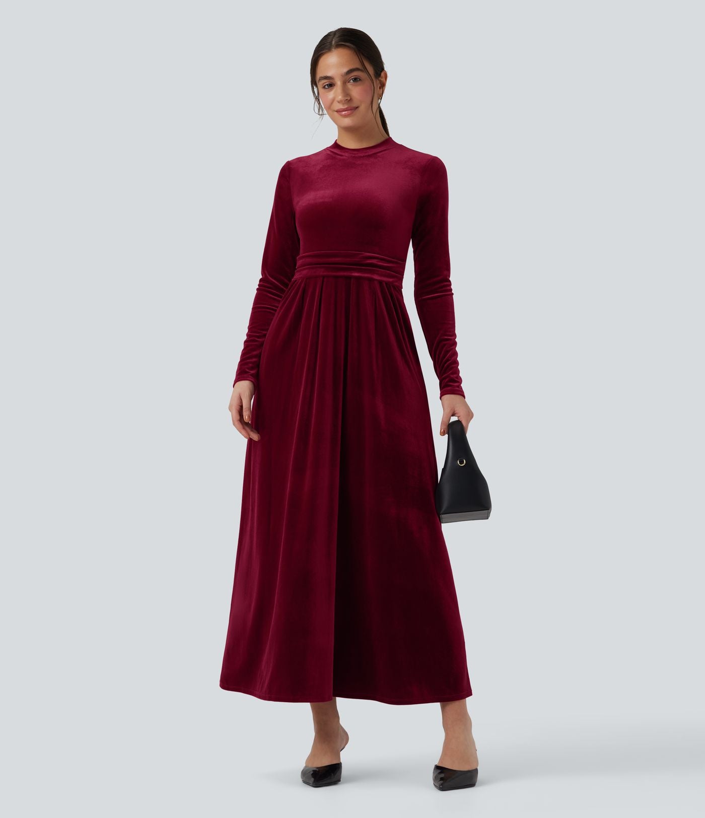 Robe longue en velours col montant manches longues avec poches