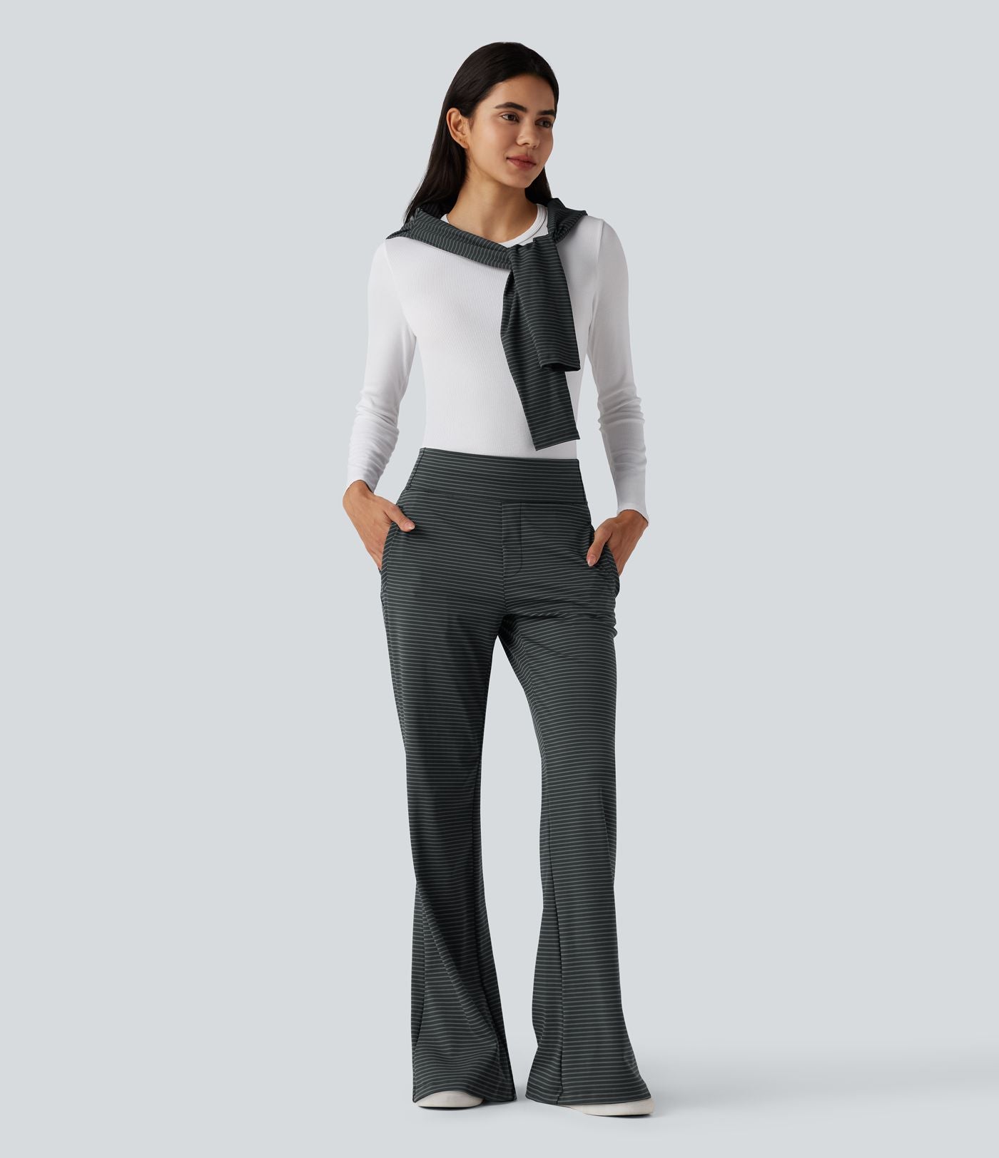 Pantalon de travail évasé taille mi-haute à rayures avec poches zippées