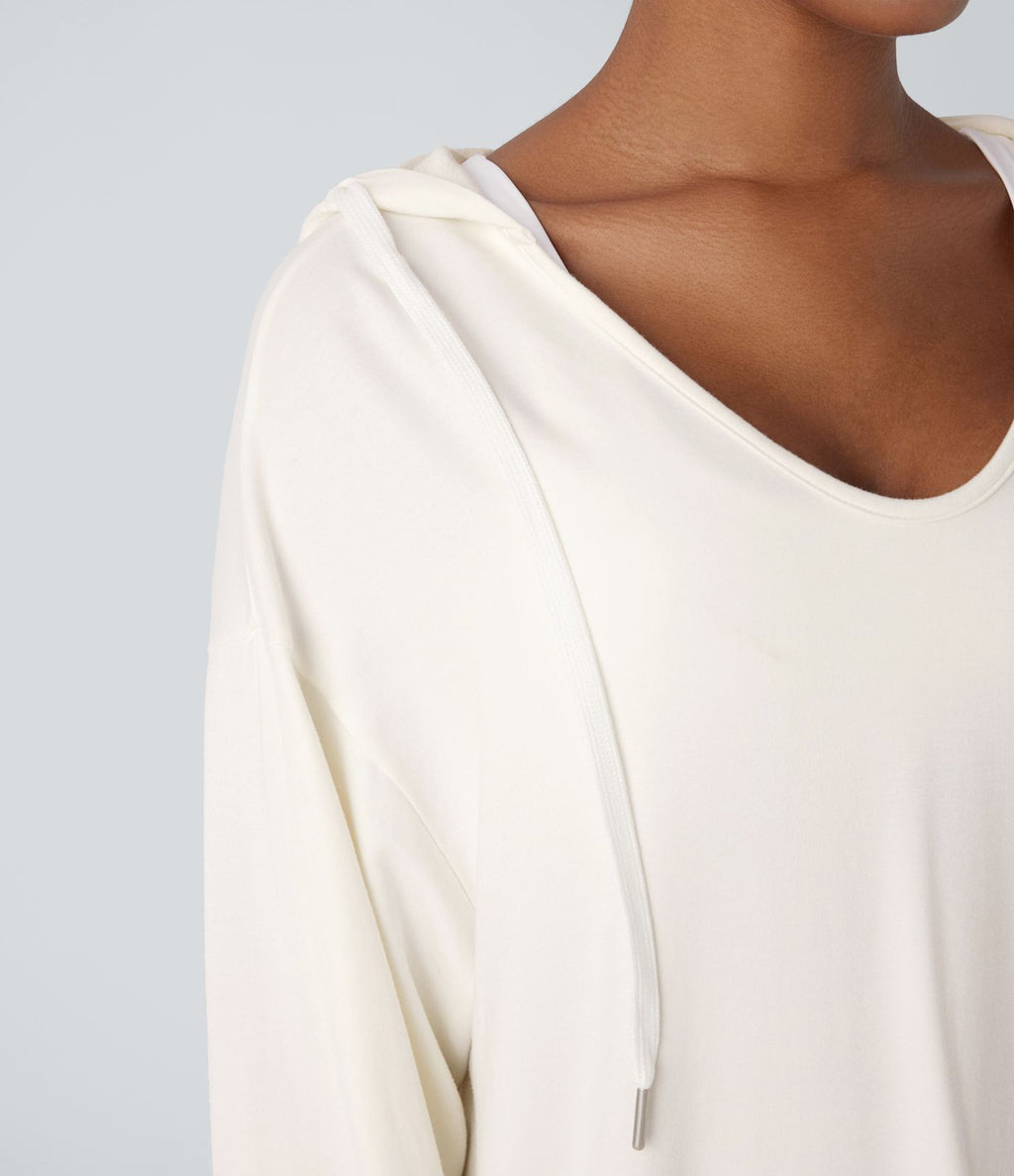 Sweatshirt Casual à Capuche Encolure en V Cordon de Serrage Trou pour le Pouce Fente et Coupe Longue