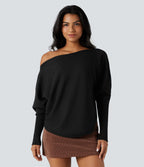 Pull une épaule manches chauve-souris ourlet arrondi