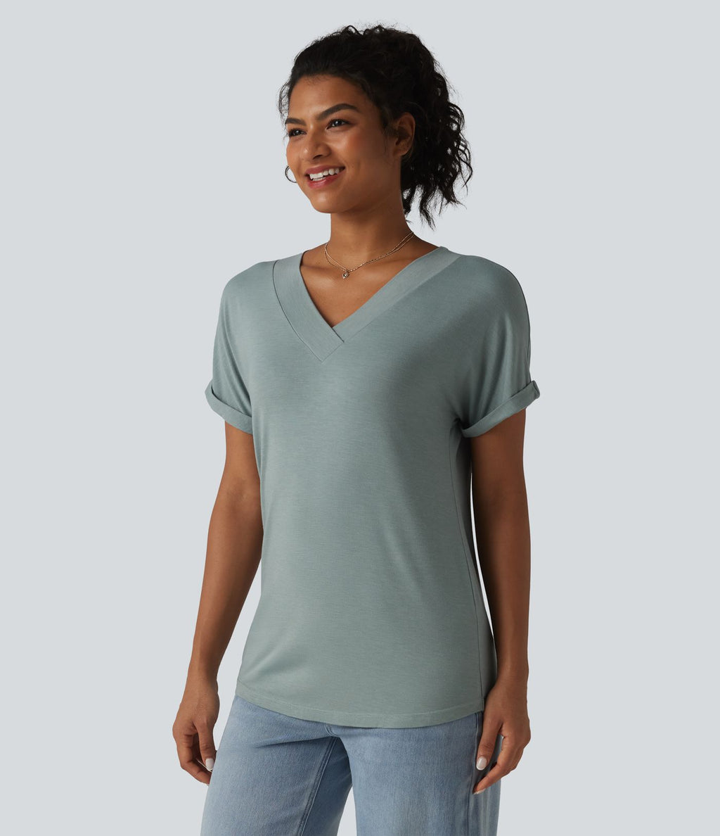 T-shirt décontracté col V à manches chauve-souris courtes