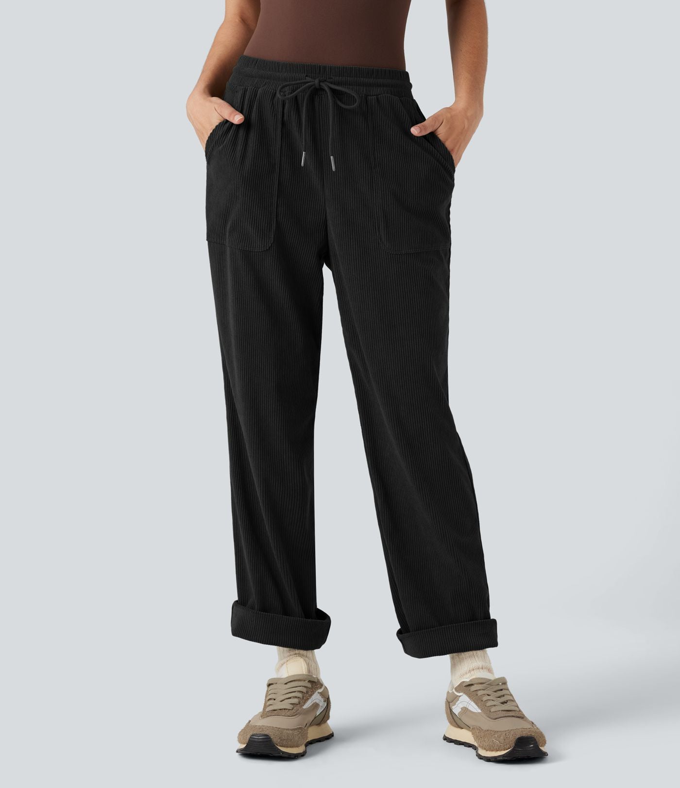 Pantalon décontracté fuselé en velours côtelé, taille mi-haute, cordon et poches
