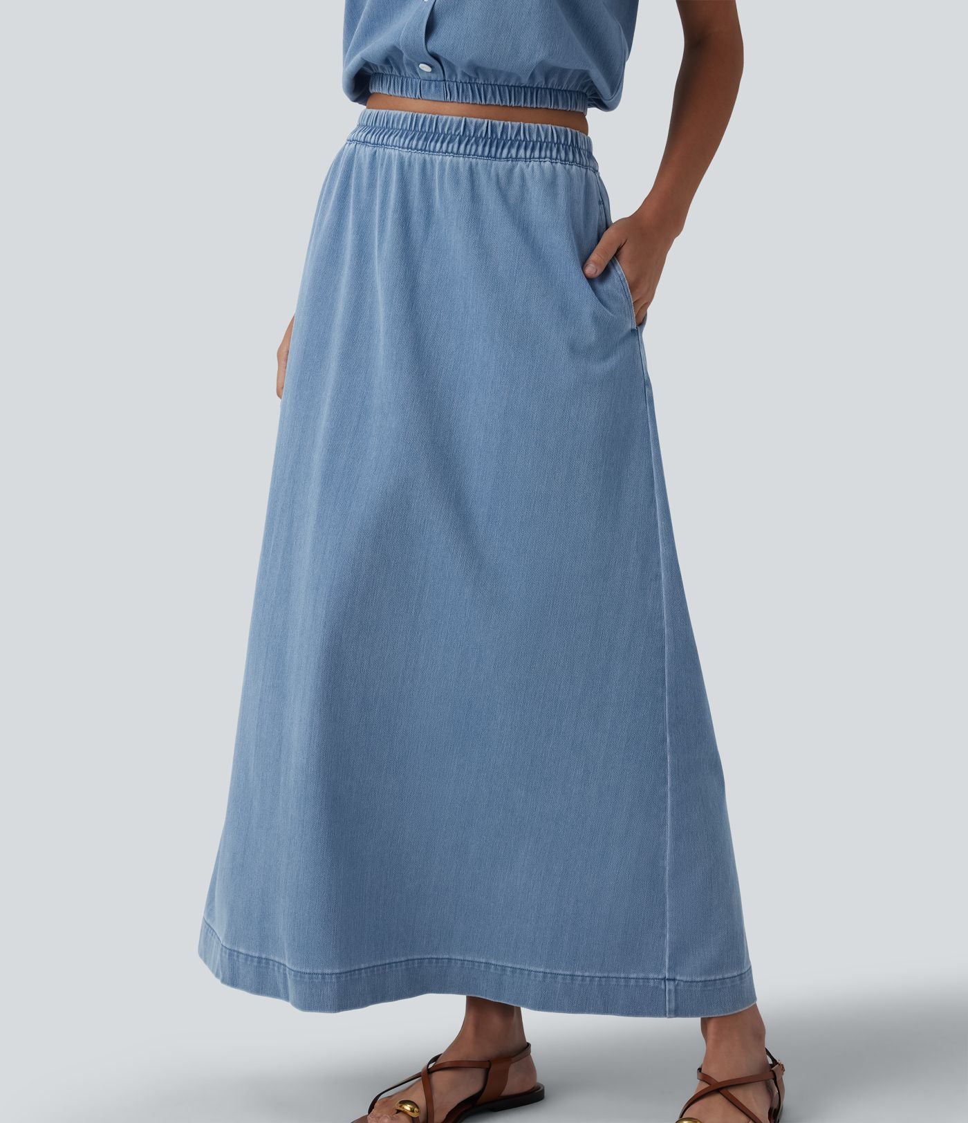 Jupe longue décontractée évasée Halara Flex™ en denim taille haute avec poches