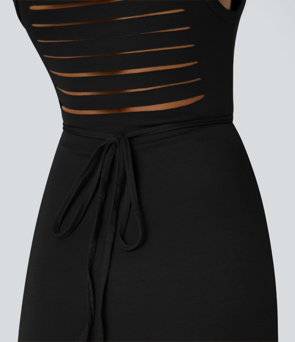 Robe Casual Midi 2 Pièces Capuche Col Montant Sans Manches Fendue avec Découpe Dos Nœud Côtelée