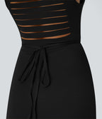 Robe Casual Midi 2 Pièces Capuche Col Montant Sans Manches Fendue avec Découpe Dos Nœud Côtelée