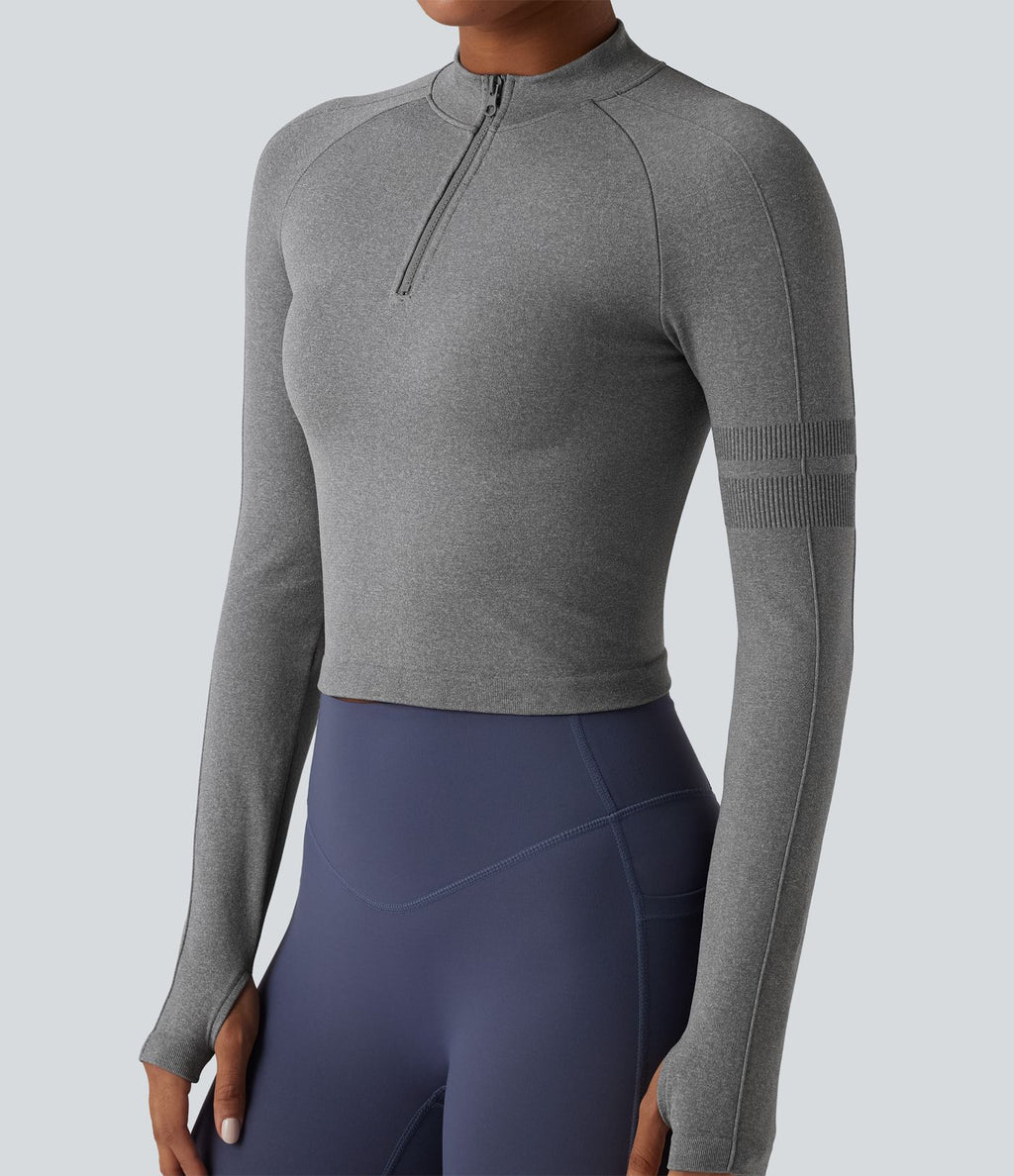 Haut de yoga Seamless Flow à demi-fermeture éclair, manches longues et trous pour les pouces