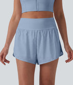 Short yoga 2-en-1 gainant taille haute à pois réfléchissants, ourlet arrondi croisé et œillets avec poches