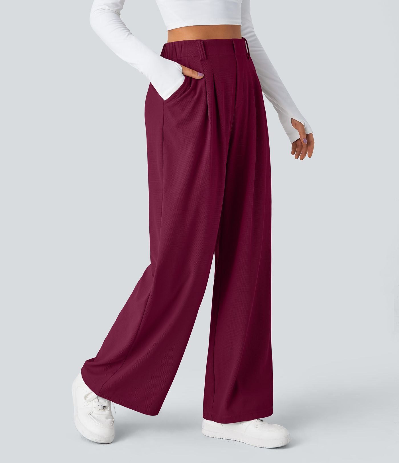 Halara Flex™ Pantalon Tailleur Large Fluide Gaufré Taille Haute Poches Latérales