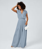 Combinaison Casual Col en V Jambes Large Plissée Manches Courtes Poche Latérale Gaufrée Fluide