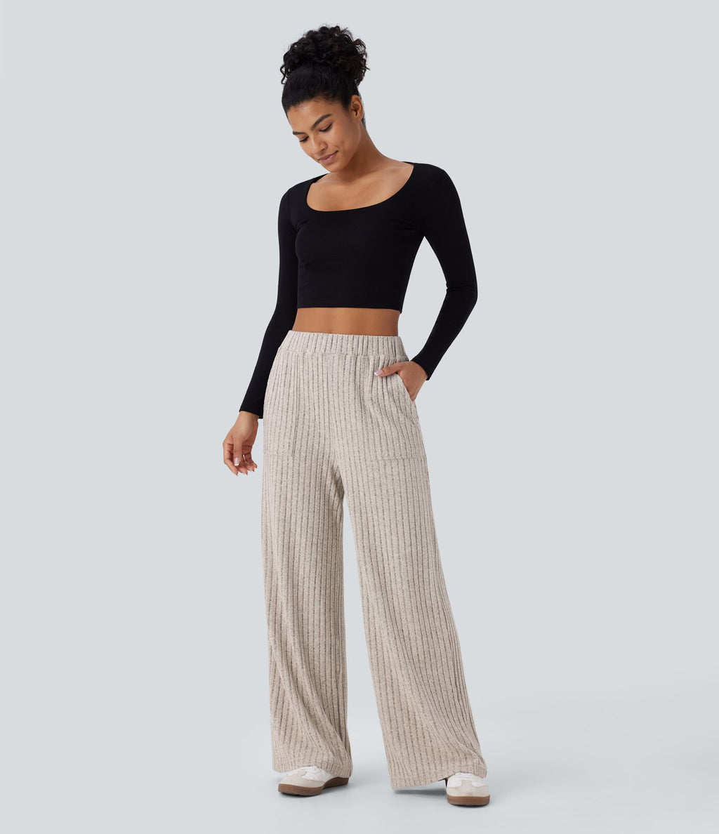 Pantalon large décontracté côtelé taille haute avec poches multiples
