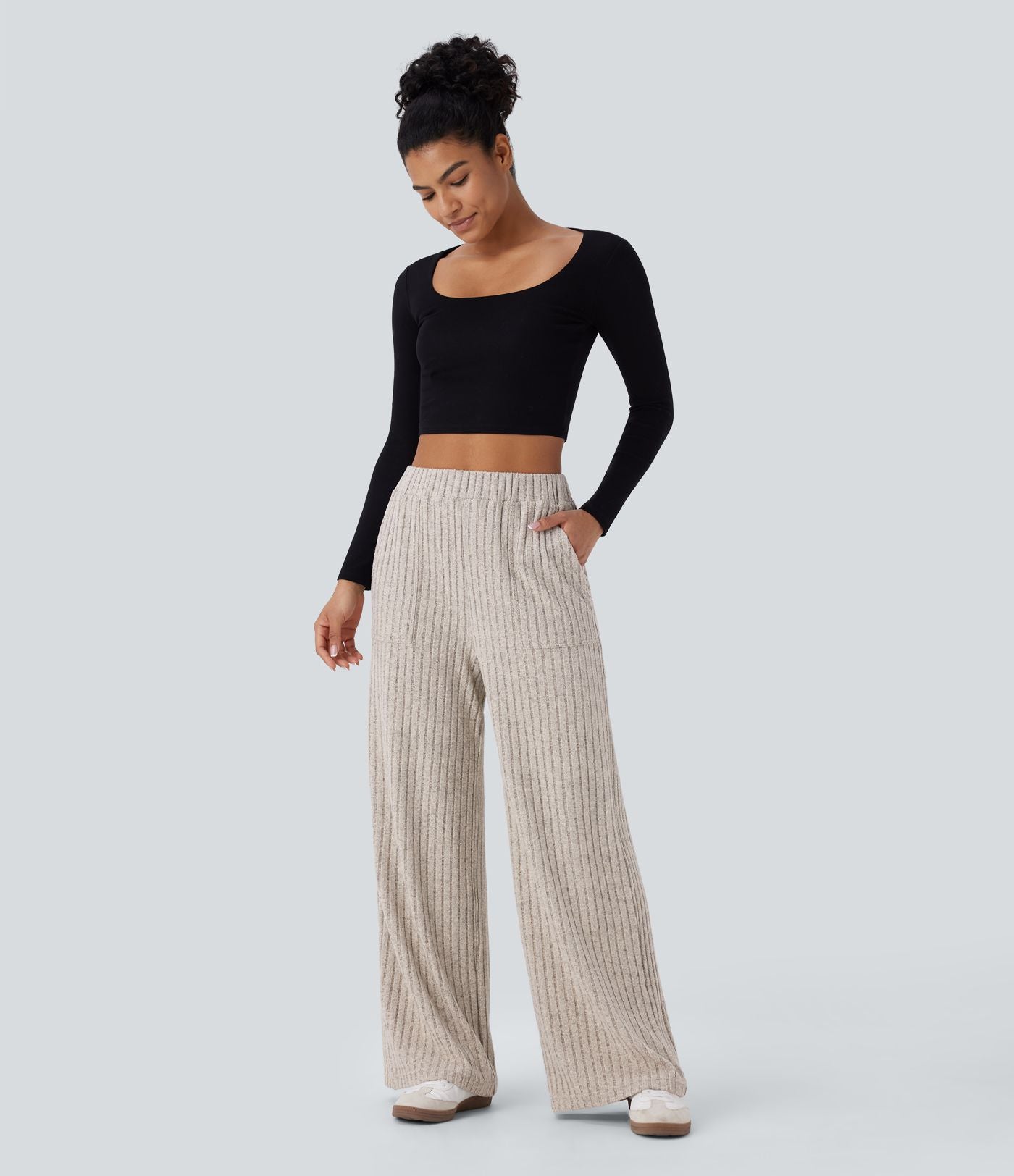 Pantalon large décontracté côtelé taille haute avec poches multiples