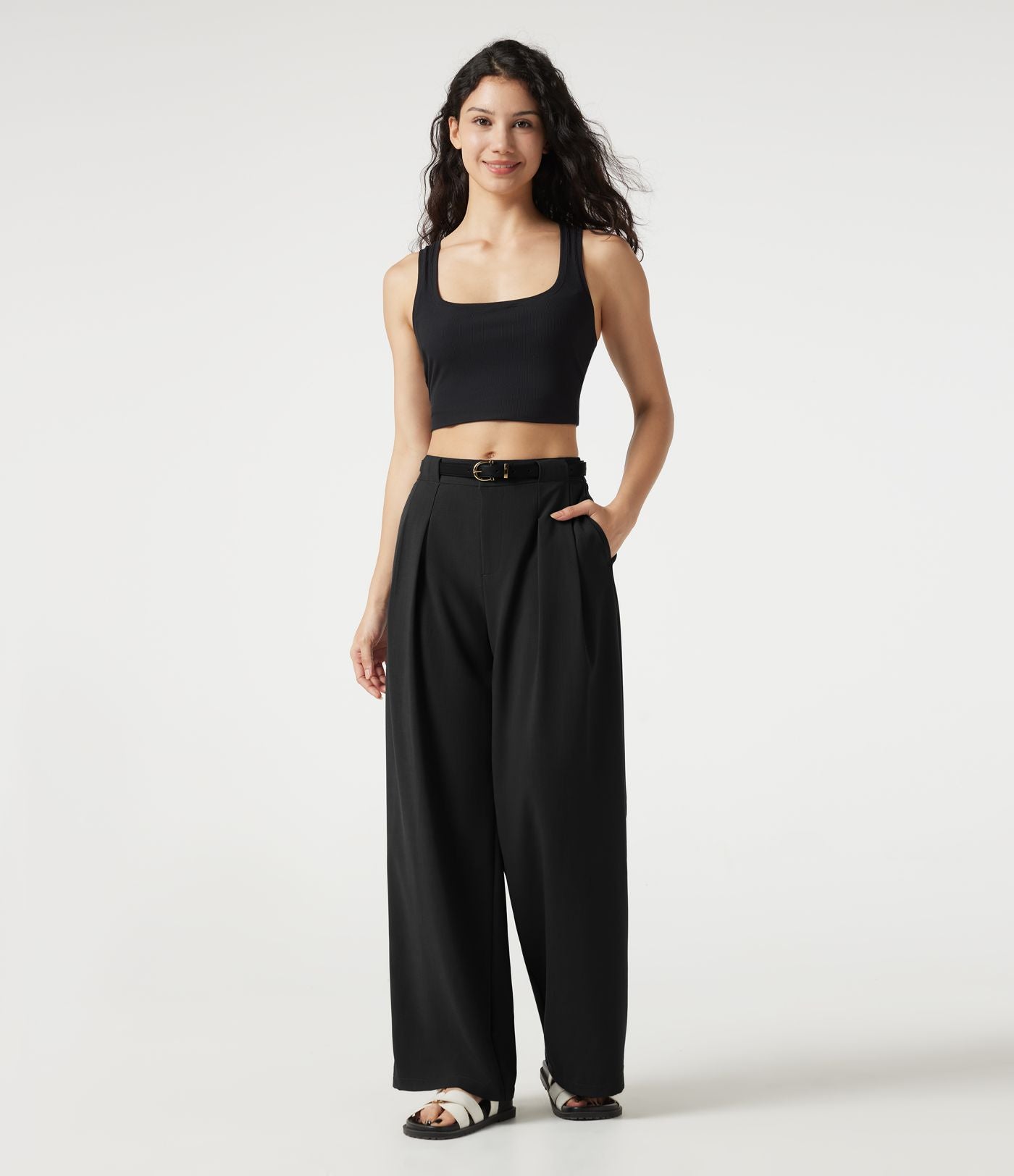 Pantalon casual ample toucher lin taille mi-haute à poches