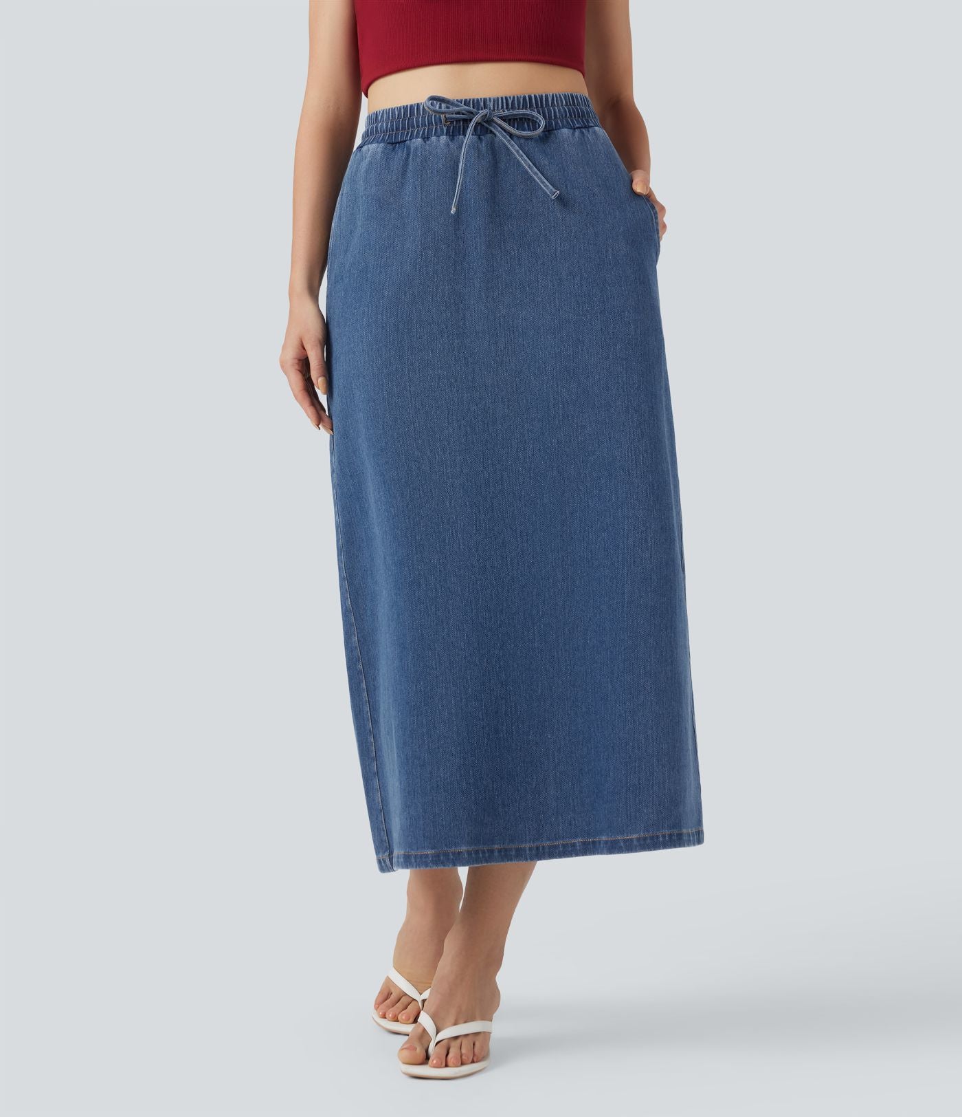 Jupe midi décontractée en denim Halara Flex™ taille haute avec cordon, fente et poches