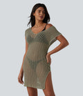 Robe de plage courte ajourée col V manches chauve-souris avec fente