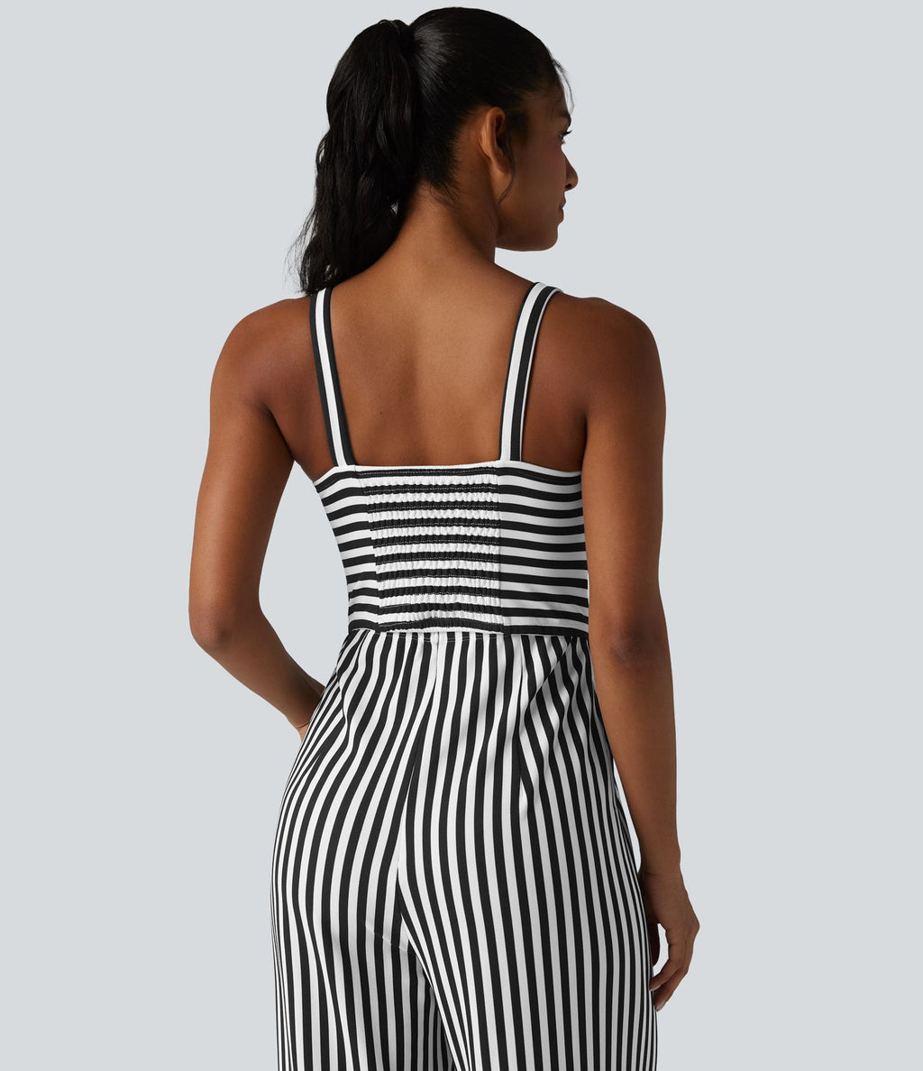 Combinaison casual sans manches à rayures en nid d'abeille torsadée froncée fermeture éclair invisible avec soutien-gorge intégré et poches - Easy Peasy