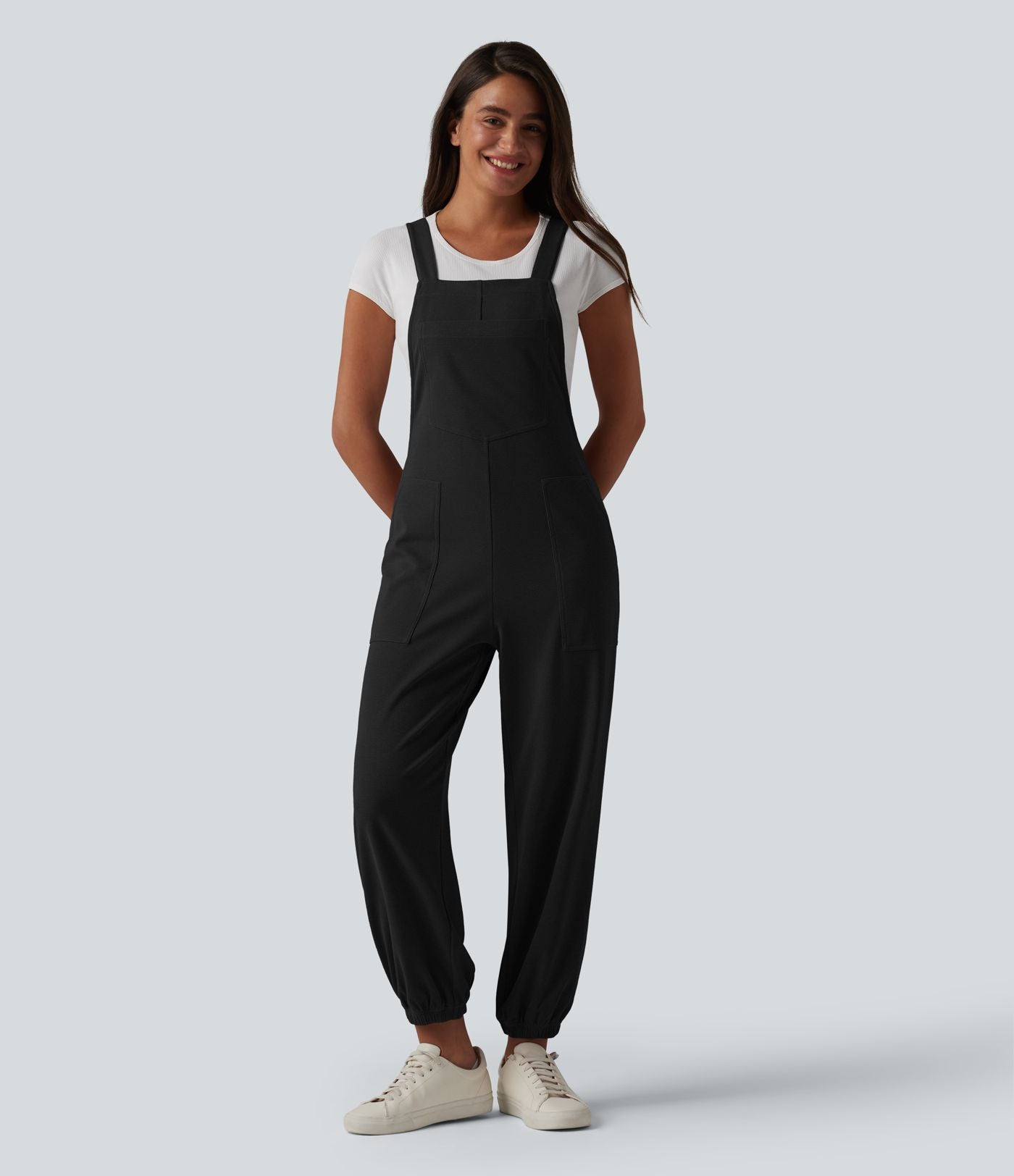 Salopette casual fuselée col carré en tissu gaufré avec poches
