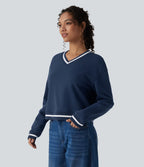 Sweat casual col V manches longues color block en coton