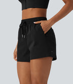 Short de sport baggy taille haute extensible en popeline avec cordon de serrage et poches