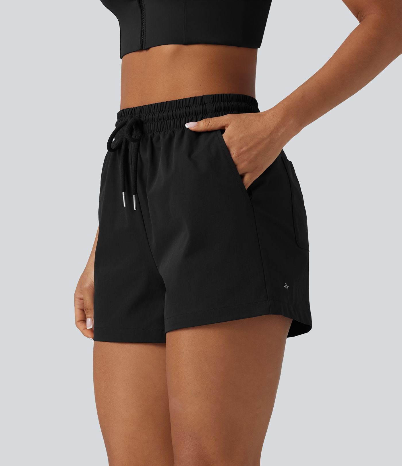 Short de sport baggy taille haute extensible en popeline avec cordon de serrage et poches