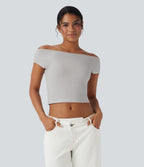 Haut casual crop tricot côtelé col bateau manches courtes