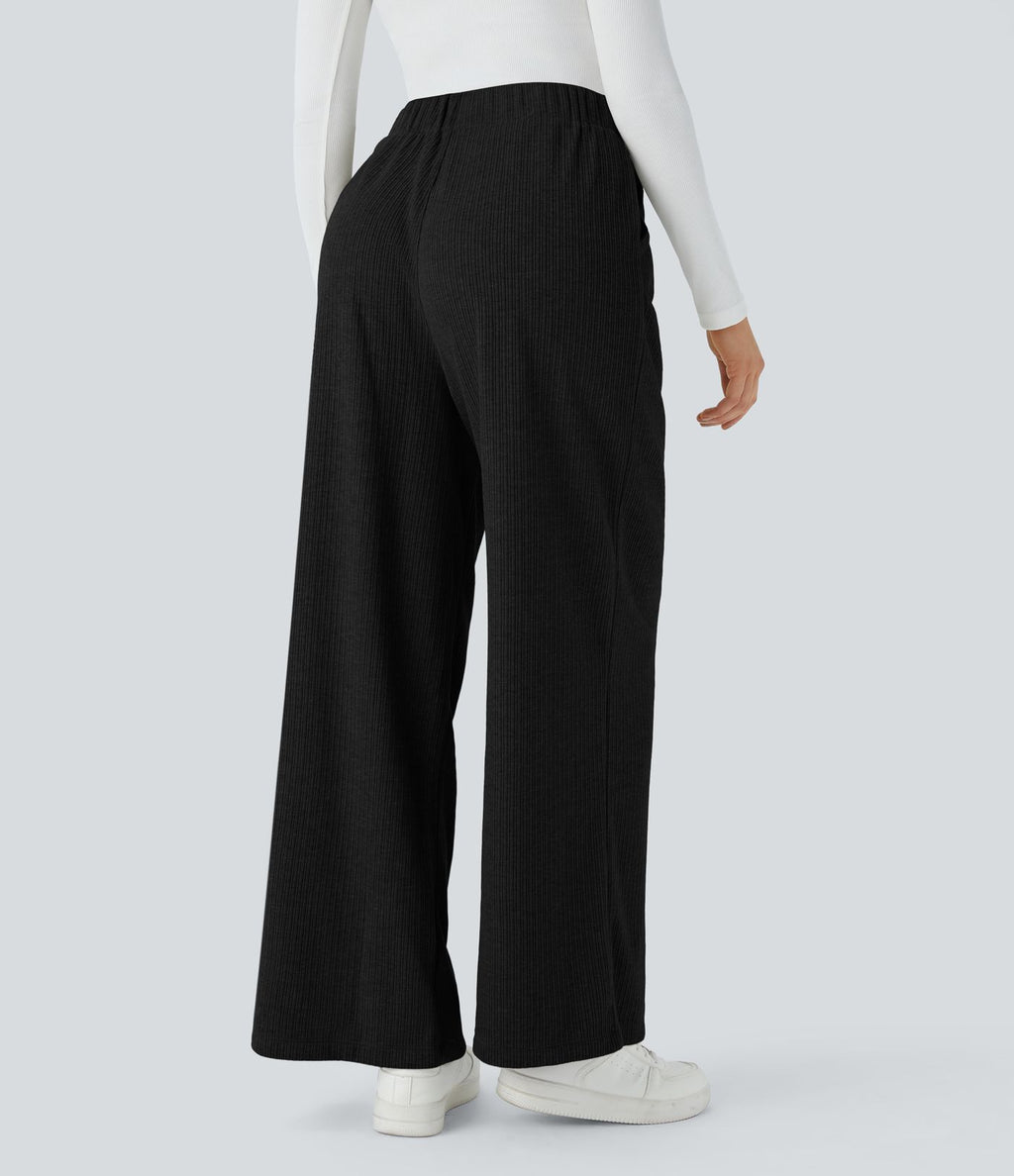 Pantalon décontracté large côtelé, taille haute, avec poches