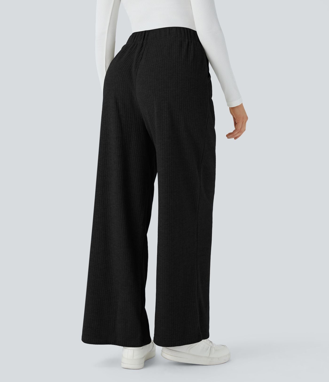 Pantalon décontracté large côtelé, taille haute, avec poches
