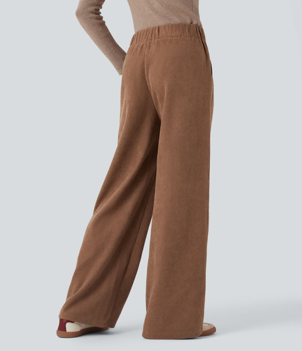 Pantalon ample décontracté velours côtelé taille haute avec poches