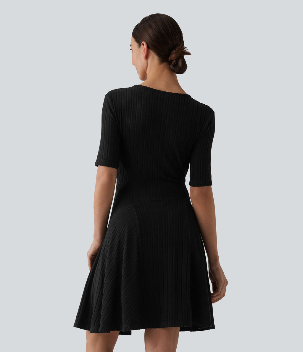 Robe mini casual évasée col V manches courtes en maille côtelée