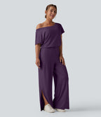 Combinaison casual asymétrique manches courtes avec poches et fente - Easy Peasy