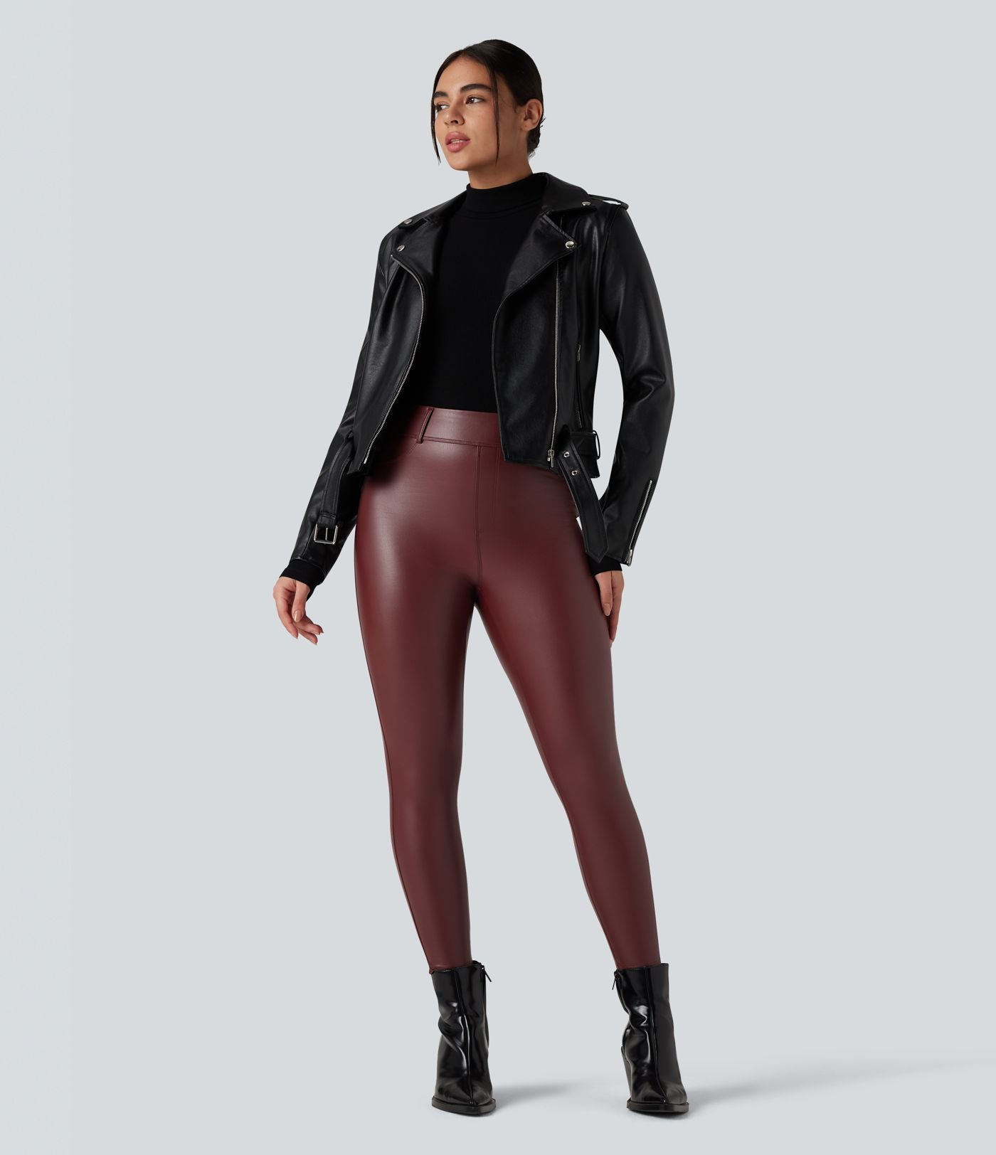 Pantalon polaire simili cuir extensible taille haute avec poches