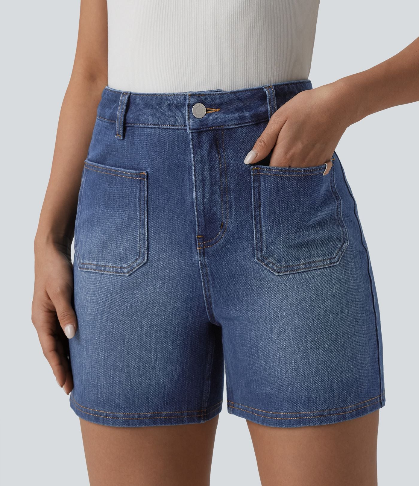 Short denim décontracté Halara Flex™ délavé taille haute 10 cm avec poches