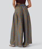 Pantalon décontracté à carreaux taille haute coupe ample avec poches latérales