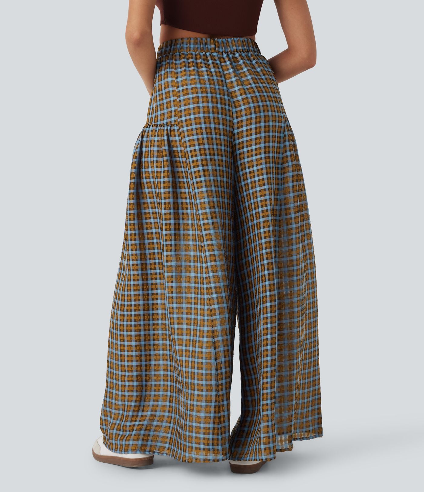 Pantalon décontracté à carreaux taille haute coupe ample avec poches latérales