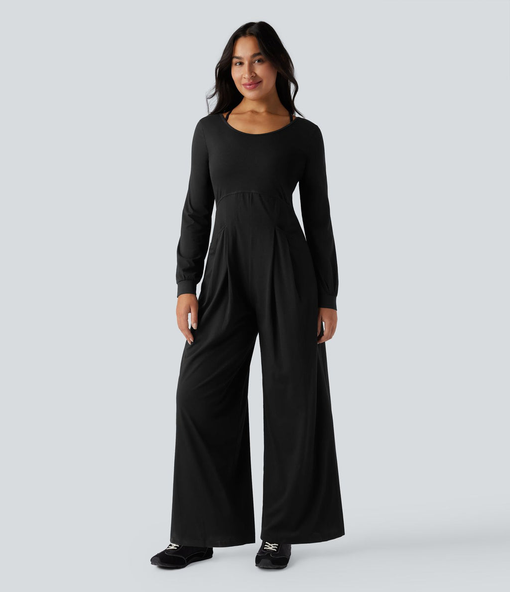 Combinaison-pantalon ample décontractée dos nu col rond à manches longues avec poches