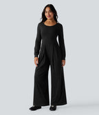 Combinaison-pantalon ample décontractée dos nu col rond à manches longues avec poches