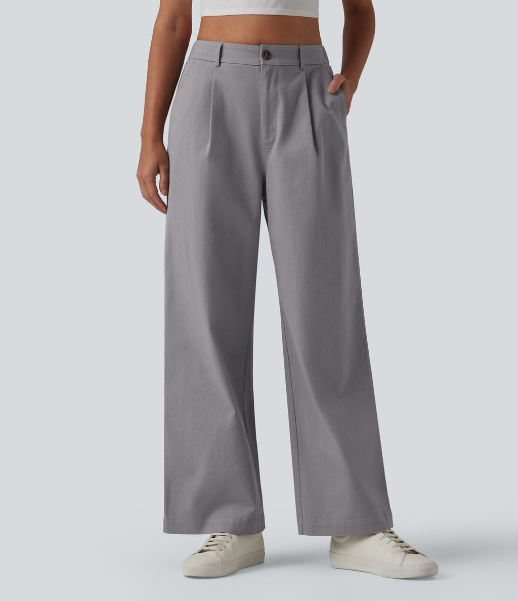 Pantalon chino tailleur en coton, taille haute, coupe droite et poches
