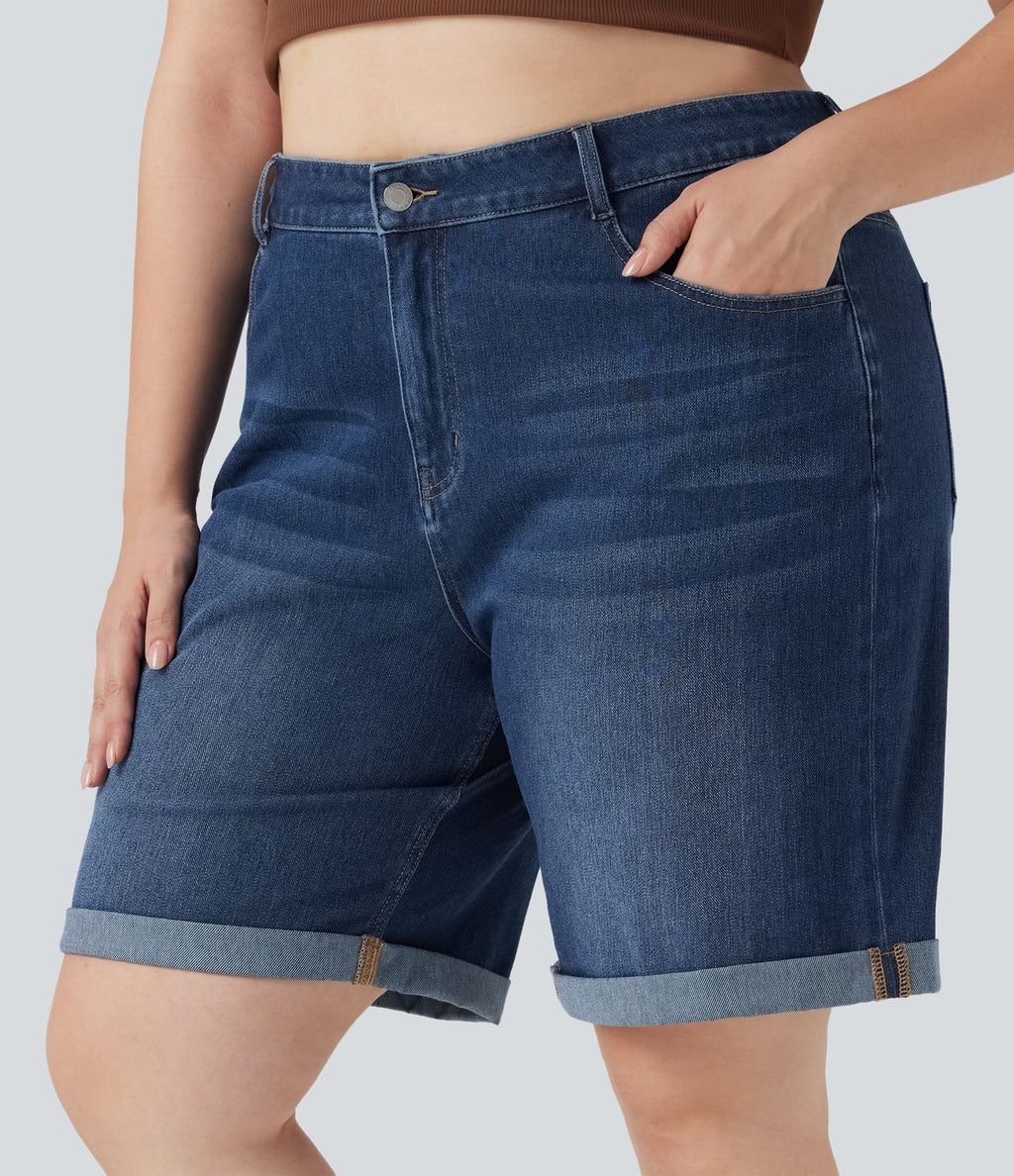 Short bermuda casual denim grande taille Halara Flex™ tricot extensible délavé taille haute multiples poches ourlet roulotté