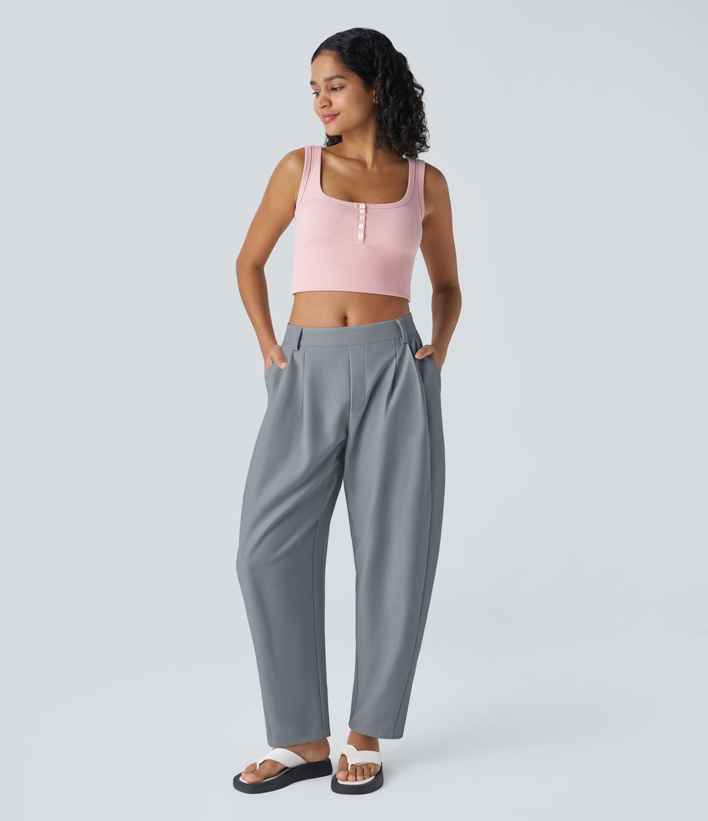Pantalon tailleur ample, taille moyenne, coupe barrel, à poches