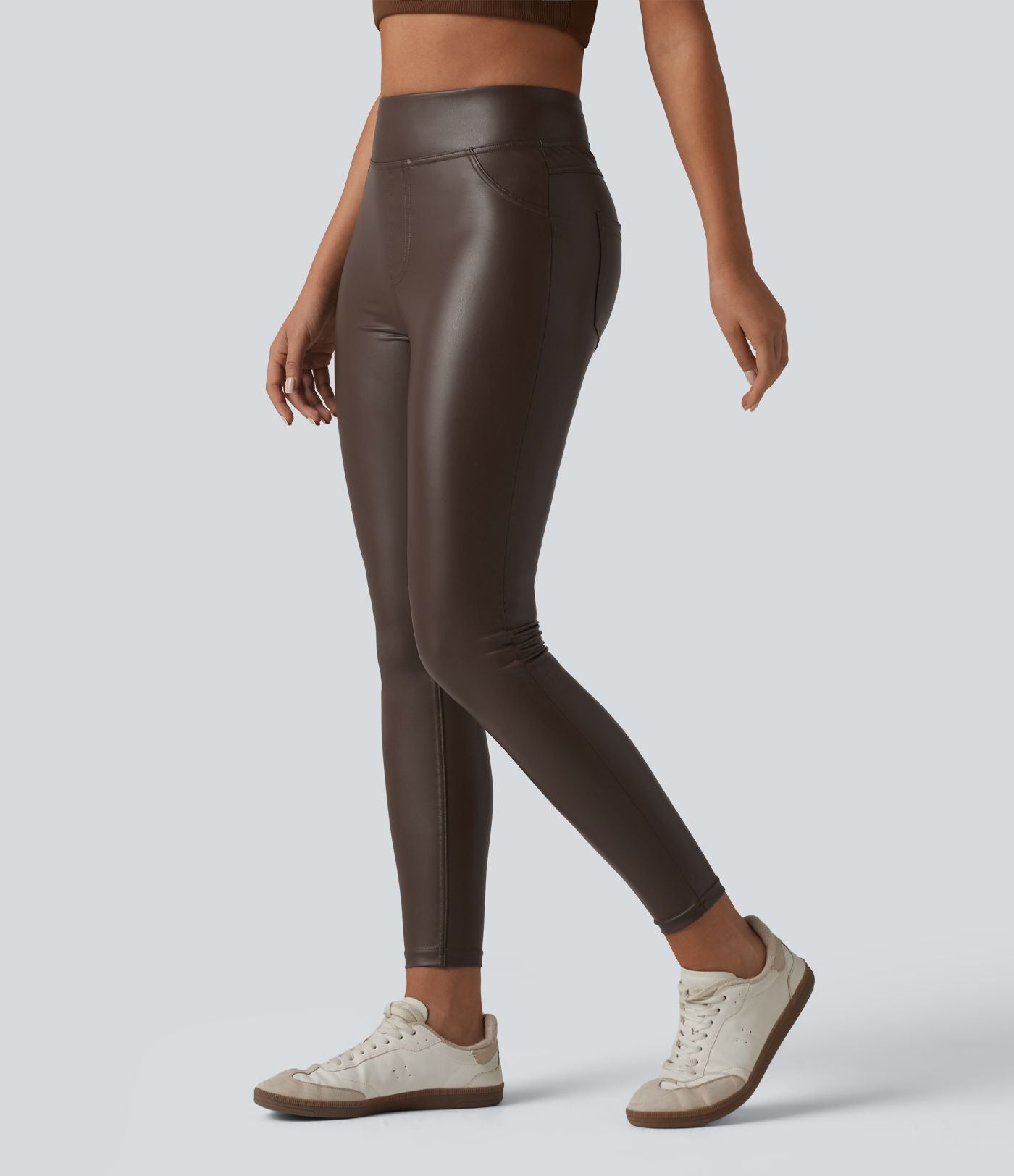 Pantalon skinny casual taille haute en simili cuir extensible avec poches