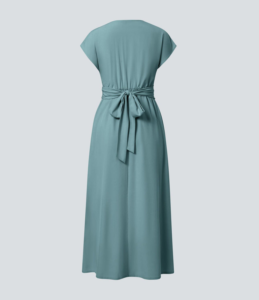 Breezeful™ Robe Mi-Longue Col en V Manches Courtes Poche Latérale Nouée au Dos Séchage Rapide