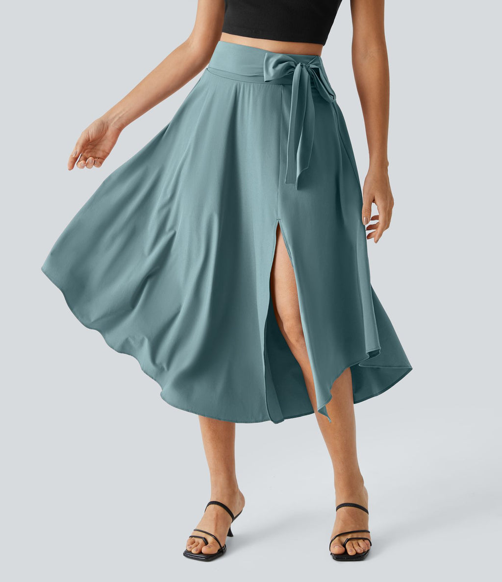 Breezeful™ Jupe Taille Haute Casual Midi Séchage Rapide Fluide Fentes Latérales Nouées 2 en 1