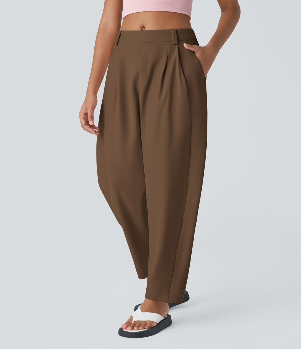 Pantalon tailleur ample, taille moyenne, coupe barrel, à poches