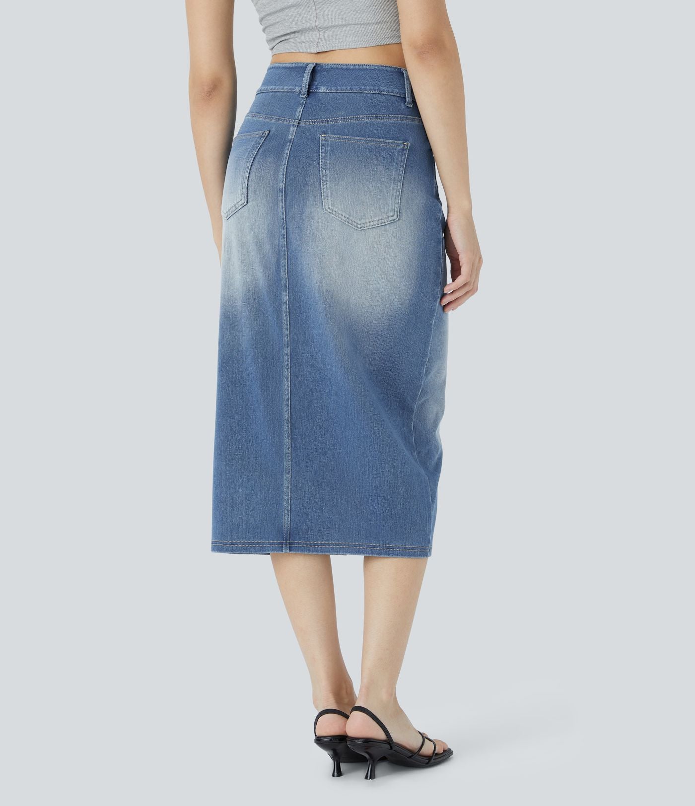 Halara Flex™ Jupe en Jean Casual Mi-Longue Délavé Extensible Plusieurs Poches Taille Haute