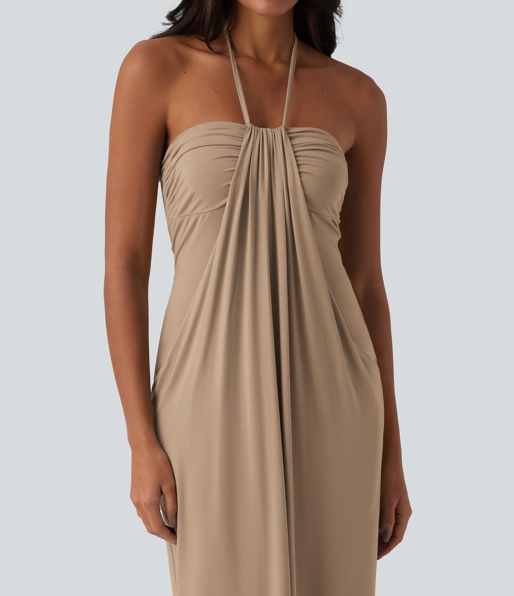 Robe longue dos nu col licou avec nœud et poches