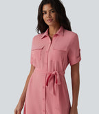 Robe-chemise midi casual à manches courtes aspect lin, ceinturée et avec poches