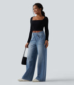 Jean baggy asymétrique Halara Flex™ taille haute effet délavé avec poches